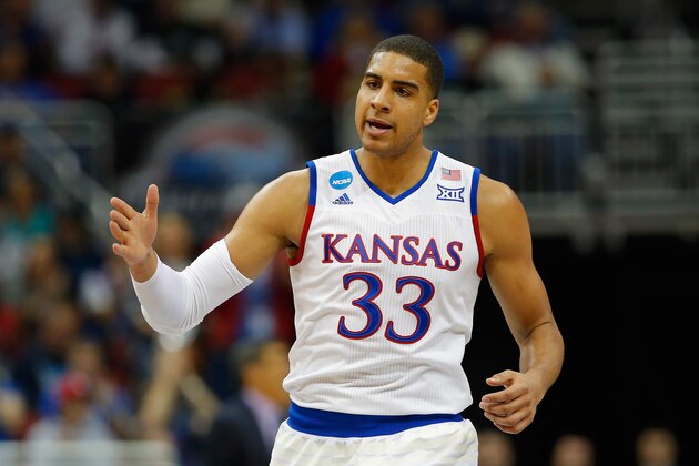 LOUISVILLE, KY - MARCH 26:  Landen Lucas #33 of the Kansas Jayhawks reacts in the first half against the Villanova Wildcats during the 2016 NCAA Men's Basketball Tournament South Regional at KFC YUM! Center on March 26, 2016 in Louisville, Kentucky.  (Photo by Kevin C. Cox/Getty Images)