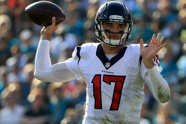 JACKSONVILLE, FL - NOVEMBER 13:   Brock Osweiler #17 of the Houston Texans attempts a pass against the Jacksonville Jaguars during the game at EverBank Field on November 13, 2016 in Jacksonville, Florida.  (Photo by Mike Ehrmann/Getty Images)