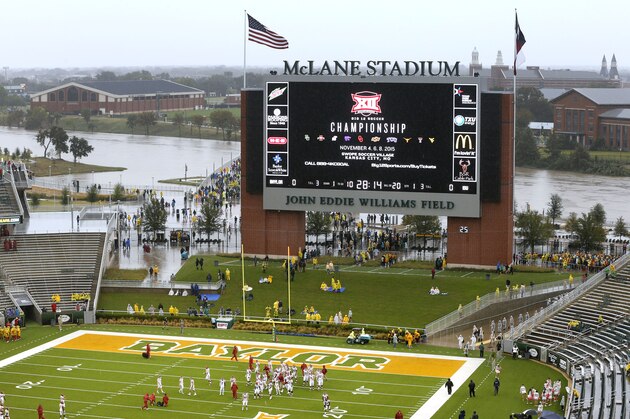 WACO, TX - OCTOBER 24:  The swollen Brazos River runs just behind the playing field before the Iowa State Cyclones take on the Baylor Bears at McLane Stadium on October 24, 2015 in Waco, Texas. (Photo by Ron Jenkins/Getty Images)