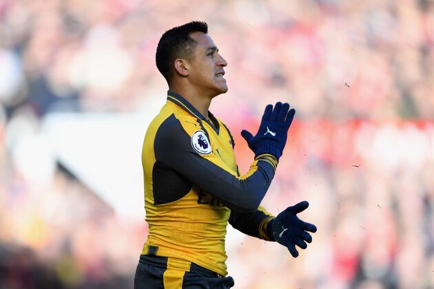 MANCHESTER, ENGLAND - NOVEMBER 19: Alexis Sanchez of Arsenal reacts  during the Premier League match between Manchester United and Arsenal at Old Trafford on November 19, 2016 in Manchester, England.  (Photo by Shaun Botterill/Getty Images)