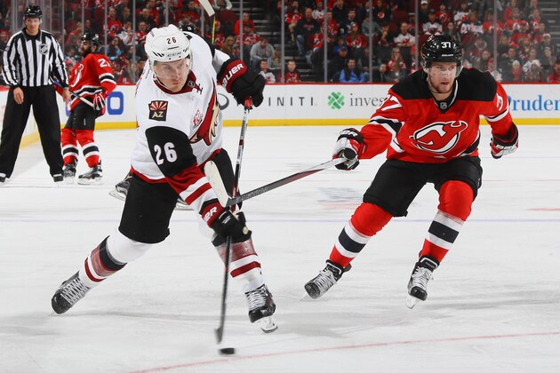 NEWARK, NJ - OCTOBER 25: Michael Stone #26 skates against the New Jersey Devils at the Prudential Center on October 25, 2016 in Newark, New Jersey.  (Photo by Bruce Bennett/Getty Images)