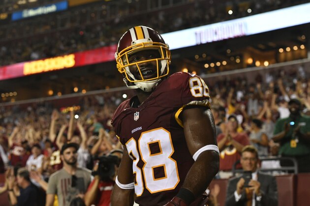 LANDOVER, MD - AUGUST 26:  Wide receiver Pierre Garcon #88 of the Washington Redskins] celebrates his touchdown during the game between the Washington Redskins and the Buffalo Bills at FedExField on August 26, 2016 in Landover, Maryland. The Redskins defeated the Jets 22-18. (Photo by Larry French/Getty Images)