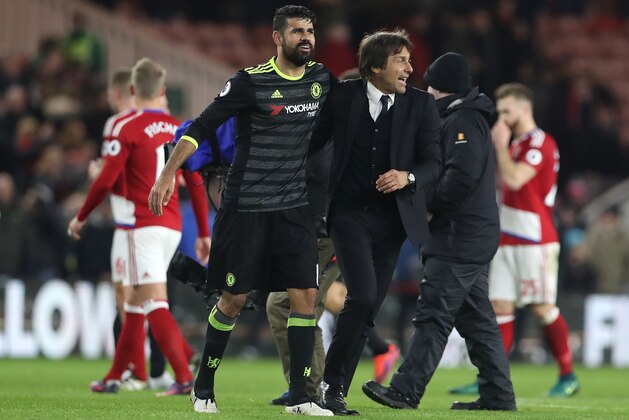 MIDDLESBROUGH, ENGLAND - NOVEMBER 20: Diego Costa of Chelsea celebrates with Chelsea manager Antonio Conte during the Premier League match between Middlesbrough and Chelsea at Riverside Stadium on November 20, 2016 in Middlesbrough, England. (Photo by Ian MacNicol/Getty Images)