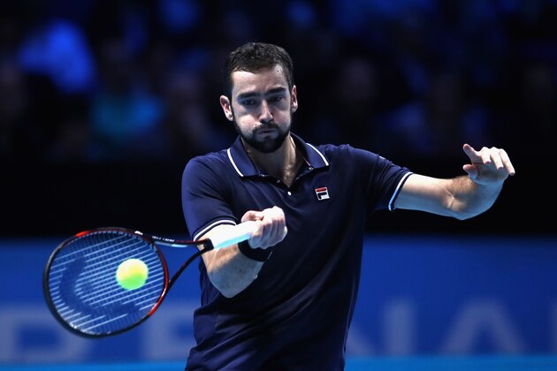 LONDON, ENGLAND - NOVEMBER 18:  Marin Cilic of Croatia plays a forehand during the men's singles match against Kei Nishikori of Japan on day six of the ATP World Tour Finals at O2 Arena on November 18, 2016 in London, England.  (Photo by Julian Finney/Getty Images)