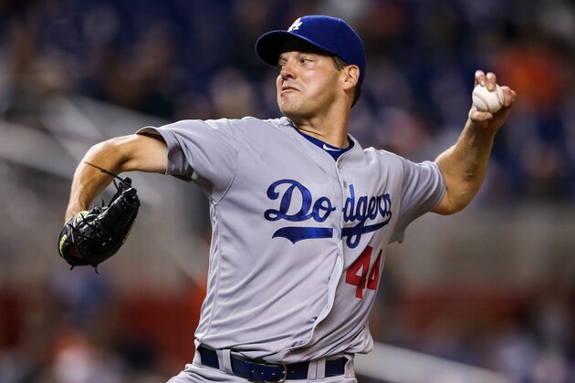 MIAMI, FL - SEPTEMBER 10: Rich Hill #44 of the Los Angeles Dodgers pitches during the game against the Miami Marlins at Marlins Park on September 10, 2016 in Miami, Florida. (Photo by Rob Foldy/Getty Images)
