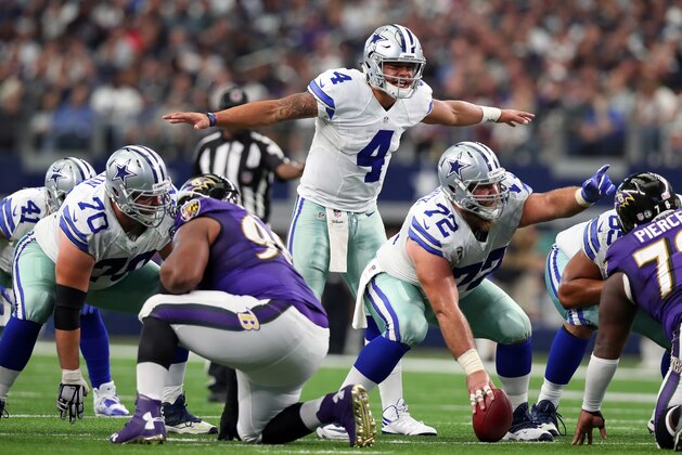 ARLINGTON, TX - NOVEMBER 20:   Dak Prescott #4 of the Dallas Cowboys calls a play at the line of scrimmage during the fourth quarter against the Baltimore Ravens at AT&T Stadium on November 20, 2016 in Arlington, Texas.  (Photo by Tom Pennington/Getty Images)