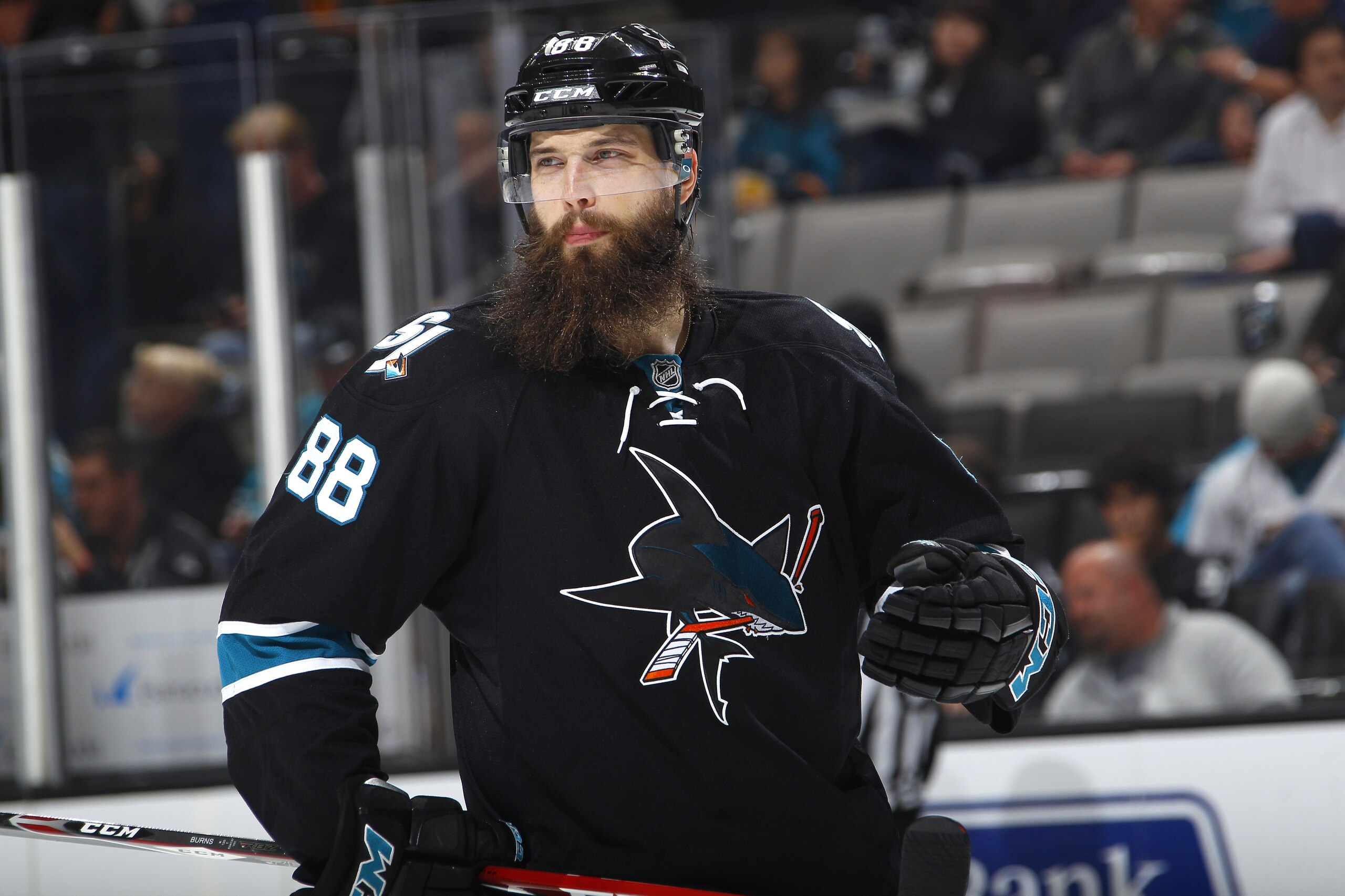 SAN JOSE, CA - NOVEMBER 03: Brent Burns #88 of the San Jose Sharks looks on during the game against the Calgary Flames at SAP Center on November 3, 2016 in San Jose, California. (Photo by Rocky W. Widner/NHL/Getty Images)