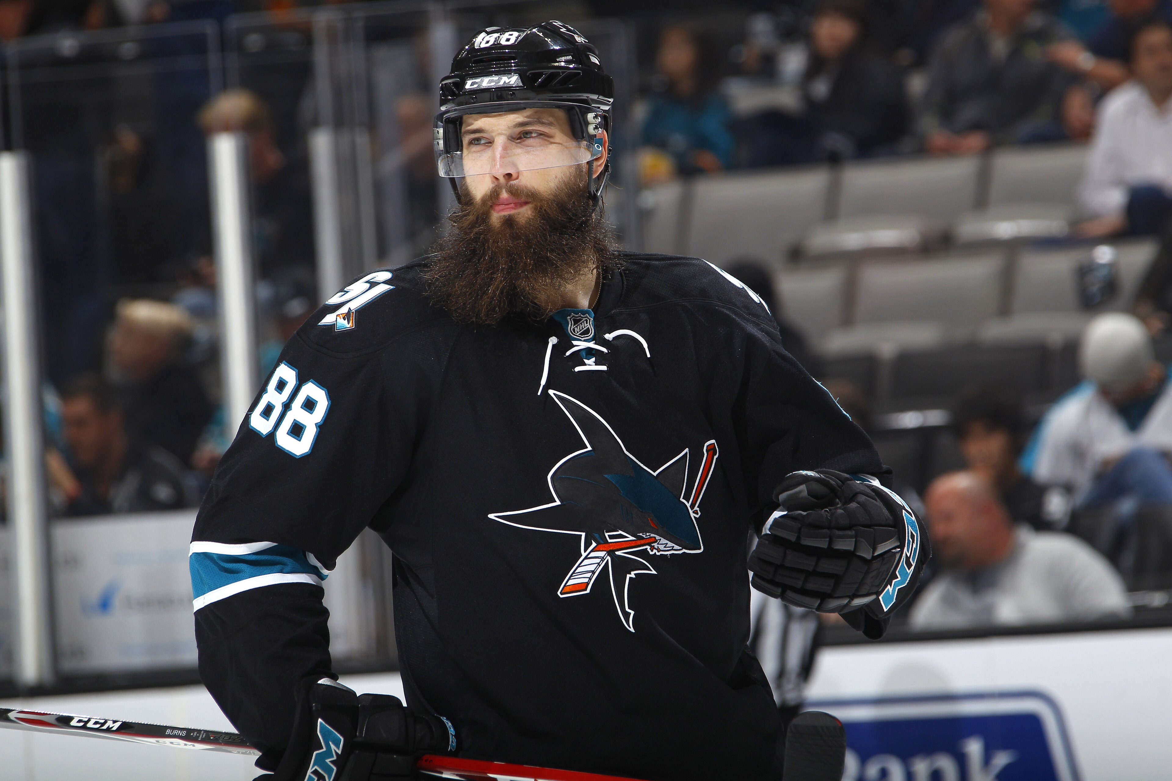 SAN JOSE, CA - NOVEMBER 03: Brent Burns #88 of the San Jose Sharks looks on during the game against the Calgary Flames at SAP Center on November 3, 2016 in San Jose, California. (Photo by Rocky W. Widner/NHL/Getty Images)