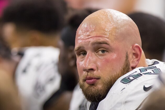 DETROIT, MI - OCTOBER 09: Lane Johnson #65 of the Philadelphia Eagles watches the action from the sidelines during an NFL game against the Detroit Lions at Ford Field on October 9, 2016 in Detroit, Michigan. The Lions defeated the Eagles 24-23. (Photo by Dave Reginek/Getty Images)