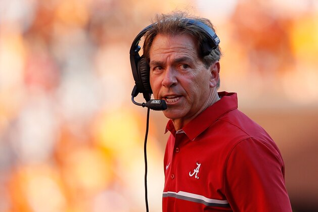 KNOXVILLE, TN - OCTOBER 15:  Head coach Nick Saban of the Alabama Crimson Tide looks on during the game against the Tennessee Volunteers at Neyland Stadium on October 15, 2016 in Knoxville, Tennessee.  (Photo by Kevin C. Cox/Getty Images)