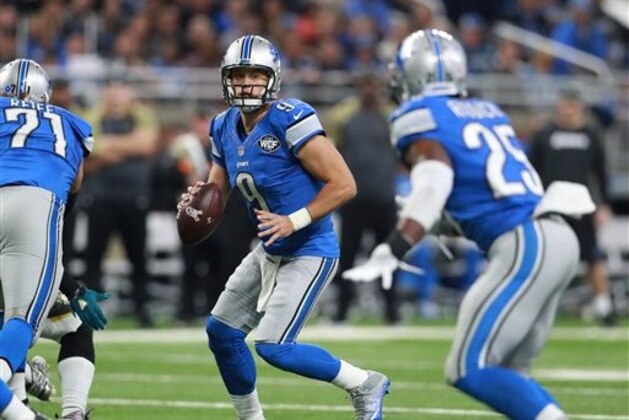 Detroit Lions quarterback Matthew Stafford (9) looks to throw a pass against the Jacksonville Jaguars during an NFL football game Sunday, Nov. 20, 2016 in Detroit.  (Jeff Haynes/AP Images for Panini)