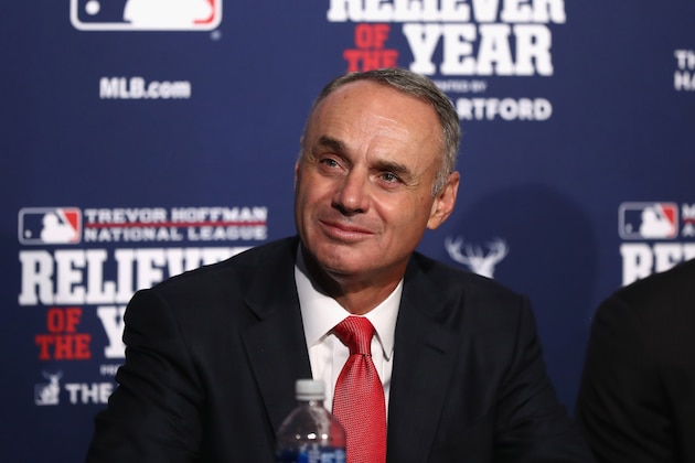 CHICAGO, IL - OCTOBER 29:  MLB Commissioner Rob Manfred attends a ceremony naming the 2016 winners of the Mariano Rivera American League Reliever of the Year Award and the Trevor Hoffman National League Reliever of the Year Award before Game Four of the 2016 World Series between the Chicago Cubs and the Cleveland Indians at Wrigley Field on October 29, 2016 in Chicago, Illinois.  (Photo by Elsa/Getty Images)