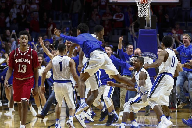 FORT WAYNE, IN - NOVEMBER 22: Members of the Fort Wayne Mastodons celebrate after upsetting the Indiana Hoosiers 71-68 in overtime at Memorial Coliseum on November 22, 2016 in Fort, Wayne, Indiana. (Photo by Michael Hickey/Getty Images)