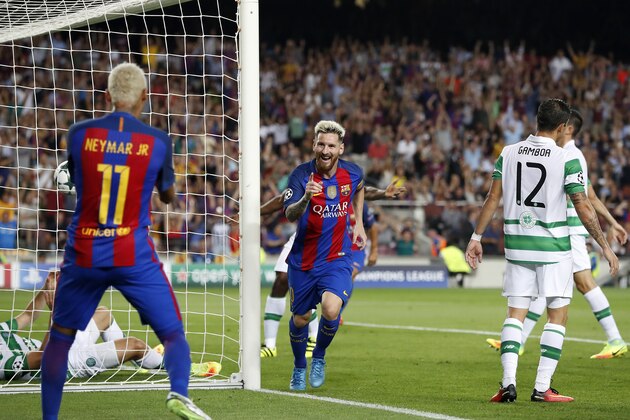 (L-R) Neymar of FC Barcelona, Lionel Messi of FC Barcelona, Cristian Gamboa of Celtic FC during the UEFA Champions League group C match between FC Barcelona and Celtic on September 13, 2016 at the Camp Nou stadium in Barcelona, Spain.(Photo by VI Images via Getty Images)