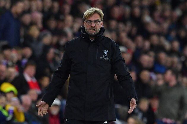 Liverpool's German manager Jurgen Klopp reacts during the English Premier League football match between Southampton and Liverpool at St Mary's Stadium in Southampton, southern England on November 19, 2016. / AFP / BEN STANSALL / RESTRICTED TO EDITORIAL USE. No use with unauthorized audio, video, data, fixture lists, club/league logos or 'live' services. Online in-match use limited to 75 images, no video emulation. No use in betting, games or single club/league/player publications.  /         (Photo credit should read BEN STANSALL/AFP/Getty Images)