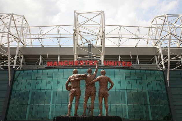MANCHESTER, UNITED KINGDOM - MAY 29:  The statue of Manchester United's 'Holy Trinity' of players stands in front of Old Trafford after being unveiled today on May 29, 2008, Manchester, England. The statue of United legends Bobby Charlton, Denis Law and the late George Best comes 40 years to the day since the club first lifted the European Cup. Charlton, Best and Law scored 665 goals between them for United and between 1964 and 1968, all won the coveted European Footballer of the Year award.  (Photo by Christopher Furlong/Getty Images)