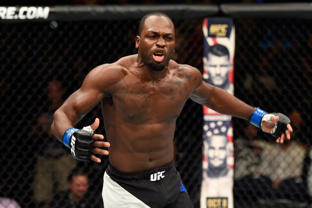 HIDALGO, TX - SEPTEMBER 17:   Derek Brunson celebrates his knockout victory over Uriah Hall of Jamaica in their middleweight bout during the UFC Fight Night event at State Farm Arena on September 17, 2016 in Hidalgo, Texas. (Photo by Josh Hedges/Zuffa LLC/Zuffa LLC via Getty Images)