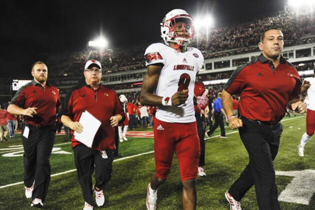 Louisville quarterback Lamar Jackson (8) runs off the field after Louisville lost 36-10 to Houston in an NCAA college football game, Thursday, Nov. 17, 2016, in Houston. (AP Photo/Eric Christian Smith)