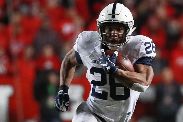 PISCATAWAY, NJ - NOVEMBER 19:  Saquon Barkley #26 of the Penn State Nittany Lions rushes against the Rutgers Scarlet Knights during the second half at High Point Solutions Stadium on November 19, 2016 in Piscataway, New Jersey.  (Photo by Michael Reaves/Getty Images)