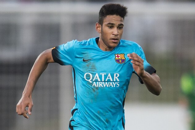 Jordi Mboula of FC Barcelona U19 during the UEFA Youth League match between Bayer 04 Leverkusen U19 and Barcelona U19 on December 9, 2015 at Leverkusen, Germany.(Photo by VI Images via Getty Images)