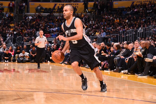 LOS ANGELES, CA - NOVEMBER 18: Tony Parker #9 of the San Antonio Spurs handles the ball against Los Angeles Lakers on November 18, 2016 at STAPLES Center in Los Angeles, California. NOTE TO USER: User expressly acknowledges and agrees that, by downloading and/or using this Photograph, user is consenting to the terms and conditions of the Getty Images License Agreement. Mandatory Copyright Notice: Copyright 2016 NBAE (Photo by Andrew D. Bernstein/NBAE via Getty Images)