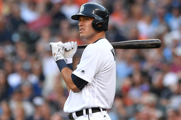 DETROIT, MICHIGAN - AUGUST 06:  Ian Kinsler #3 of the Detroit Tigers looks on while waiting on-deck to bat during the game against the New York Mets at Comerica Park on August 6, 2016 in Detroit, Michigan. The Tigers defeated the Mets 6-5.  (Photo by Mark Cunningham/MLB Photos via Getty Images)