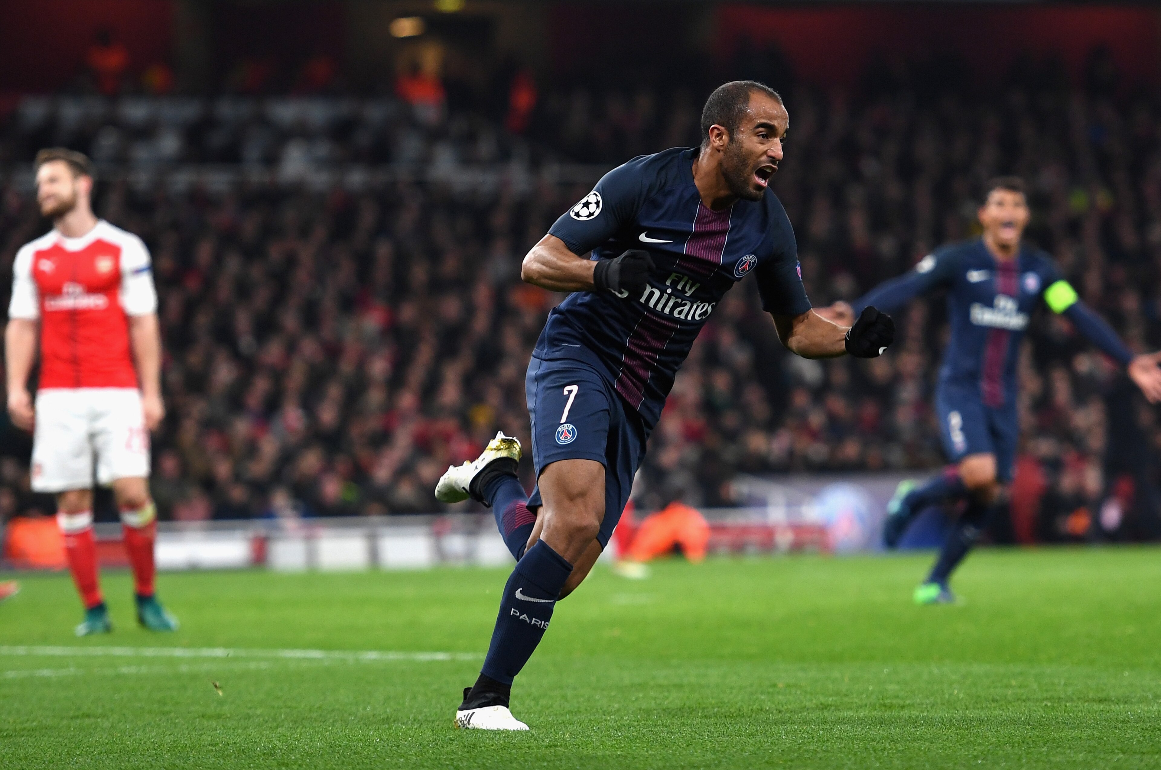 LONDON, ENGLAND - NOVEMBER 23: Lucas of PSG celebrates scoring his sides second goal during the UEFA Champions League Group A match between Arsenal FC and Paris Saint-Germain at the Emirates Stadium on November 23, 2016 in London, England. (Photo by Shaun Botterill/Getty Images) LONDON, ENGLAND - NOVEMBER 23: Lucas of PSG celebrates scoring his sides second goal during the UEFA Champions League Group A match between Arsenal FC and Paris Saint-Germain at the Emirates Stadium on November 23, 2016 in London, England. (Photo by Shaun Botterill/Getty Images)