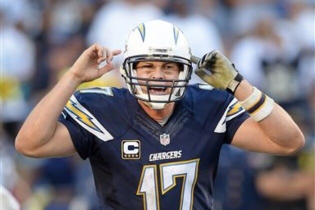 San Diego Chargers quarterback Philip Rivers (17) calls out a play in the fourth quarter of a game against the Miami Dolphins played at Qualcomm Stadium in San Diego on Sunday, Nov. 13, 2016. (AP Photo/John Cordes)