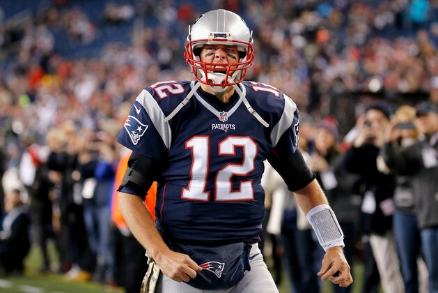 FOXBORO, MA - NOVEMBER 13:  Tom Brady #12 of the New England Patriots reacts before a game against the Seattle Seahawks at Gillette Stadium on November 13, 2016 in Foxboro, Massachusetts.  (Photo by Jim Rogash/Getty Images)