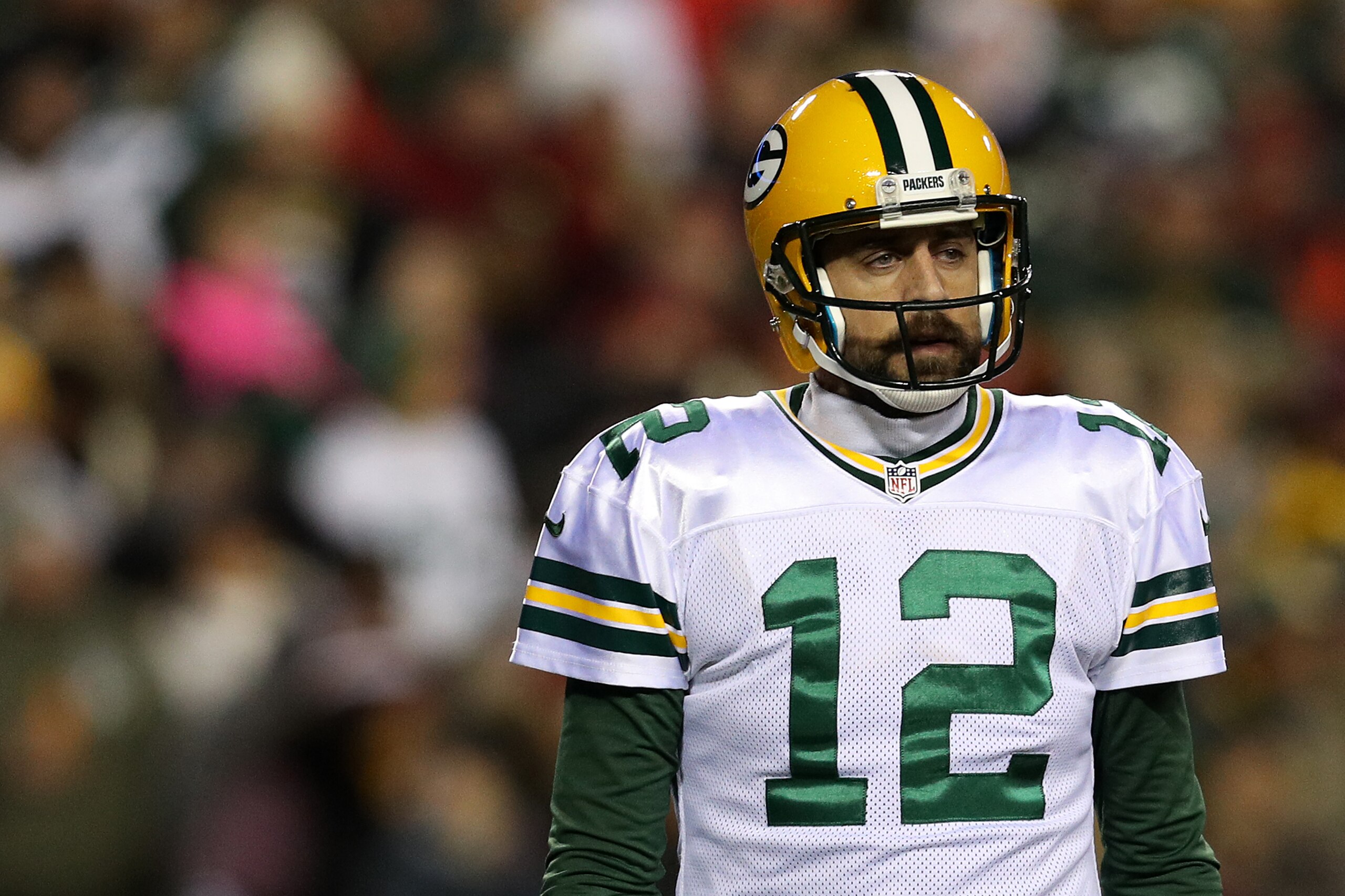 LANDOVER, MD - NOVEMBER 20: Quarterback Aaron Rodgers #12 of the Green Bay Packers looks on against the Washington Redskins in the first quarter at FedExField on November 20, 2016 in Landover, Maryland. (Photo by Patrick Smith/Getty Images)