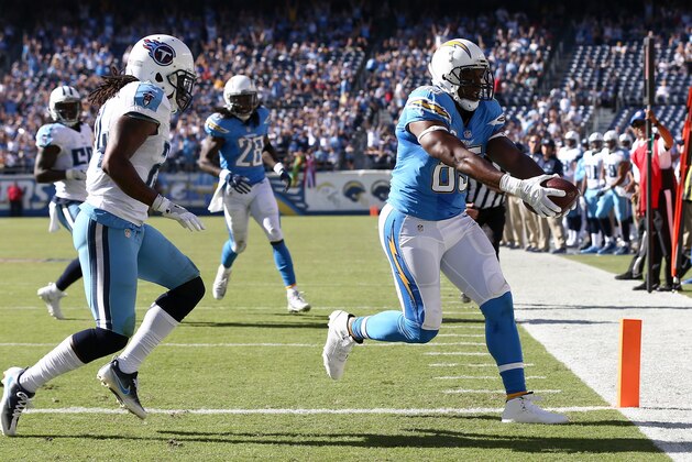 SAN DIEGO, CA - NOVEMBER 06:   Daimion Stafford #24 of the Tennessee Titans pursues  Antonio Gates #85 of the San Diego Chargers into the end zone as the Chargers score in the first half at Qualcomm Stadium on November 6, 2016 in San Diego, California.  (Photo by Sean M. Haffey/Getty Images)