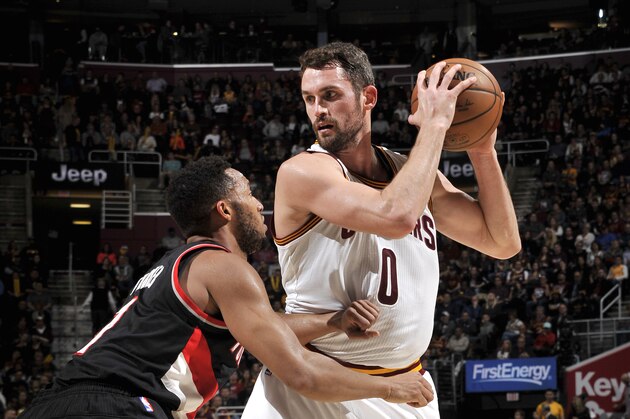 CLEVELAND, OH - NOVEMBER 23:  Kevin Love #0 of the Cleveland Cavaliers handles the ball against the Portland Trail Blazers on November 23, 2016 at The Quicken Loans Arena in Cleveland, Ohio. NOTE TO USER: User expressly acknowledges and agrees that, by downloading and/or using this Photograph, user is consenting to the terms and conditions of the Getty Images License Agreement. Mandatory Copyright Notice: Copyright 2015 NBAE (Photo by David Liam Kyle/NBAE via Getty Images)