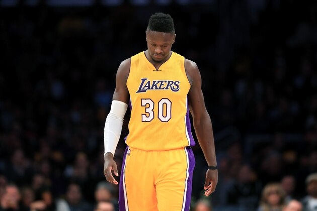 LOS ANGELES, CA - NOVEMBER 18:  Julius Randle #30 of the Los Angeles Lakers looks on during the second half of a game against the San Antonio Spurs at Staples Center on November 18, 2016 in Los Angeles, California. NOTE TO USER: User expressly acknowledges and agrees that, by downloading and or using this photograph, User is consenting to the terms and conditions of the Getty Images License Agreement  (Photo by Sean M. Haffey/Getty Images)