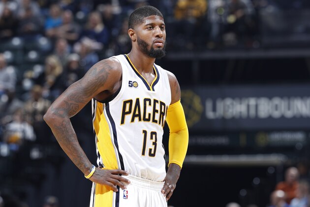 INDIANAPOLIS, IN - NOVEMBER 23: Paul George #13 of the Indiana Pacers looks on against the Atlanta Hawks in the first half of the game at Bankers Life Fieldhouse on November 23, 2016 in Indianapolis, Indiana. NOTE TO USER: User expressly acknowledges and agrees that, by downloading and or using the photograph, User is consenting to the terms and conditions of the Getty Images License Agreement. (Photo by Joe Robbins/Getty Images)