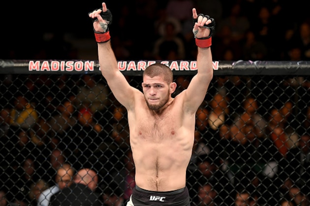 NEW YORK, NY - NOVEMBER 12:  Khabib Nurmagomedov of Russia celebrates his KO victory over Michael Johnson of the United States (not pictured) in their lightweight bout during the UFC 205 event at Madison Square Garden on November 12, 2016 in New York City.  (Photo by Jeff Bottari/Zuffa LLC/Zuffa LLC via Getty Images)