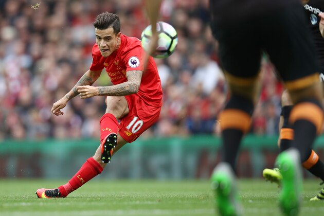 LIVERPOOL, ENGLAND - SEPTEMBER 24:  Philippe Coutinho of Liverpool scores their fourth goal during the Premier League match between Liverpool and Hull City at Anfield on September 24, 2016 in Liverpool, England.  (Photo by Julian Finney/Getty Images)