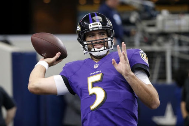 Baltimore Ravens quarterback Joe Flacco (5) throws a pass during warm ups before an NFL football game against the Dallas Cowboys on Sunday, Nov. 20, 2016, in Arlington, Texas. (AP Photo/Ron Jenkins)