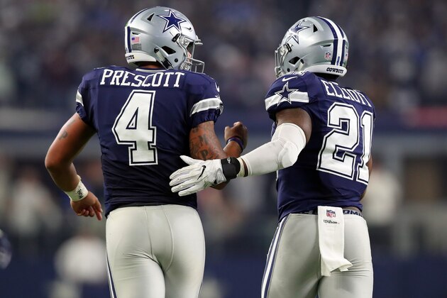 ARLINGTON, TX - NOVEMBER 24:   Dak Prescott #4 of the Dallas Cowboys celebrates with Ezekiel Elliott #21 after scoring a touchdown during the fourth quarter against the Washington Redskins at AT&T Stadium on November 24, 2016 in Arlington, Texas.  (Photo by Tom Pennington/Getty Images)