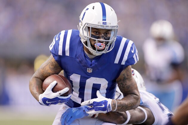 INDIANAPOLIS, IN - NOVEMBER 20:  Donte Moncrief #10 of the Indianapolis Colts runs with the ball during the first half of the game against the Tennessee Titans at Lucas Oil Stadium on November 20, 2016 in Indianapolis, Indiana.  (Photo by Andy Lyons/Getty Images)