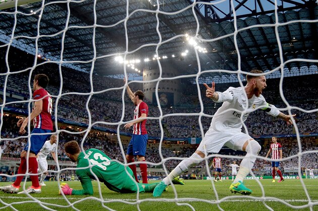 MILAN, ITALY - MAY 28:  Sergio Ramos of Real Madrid celebrates after scoring the opening goal during the UEFA Champions League Final match between Real Madrid and Club Atletico de Madrid at Stadio Giuseppe Meazza on May 28, 2016 in Milan, Italy.  (Photo by Clive Rose/Getty Images)