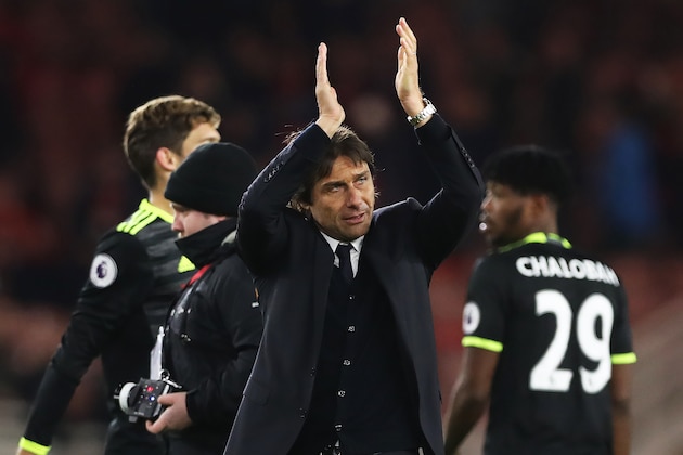MIDDLESBROUGH, ENGLAND - NOVEMBER 20: Chelsea manager Antonio Conte celebrates during the Premier League match between Middlesbrough and Chelsea at Riverside Stadium on November 20, 2016 in Middlesbrough, England. (Photo by Ian MacNicol/Getty Images)