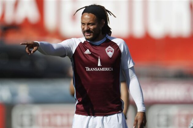 Colorado Rapids midfielder Jermaine Jones (13) warms up before the first half of an MLS soccer match Sunday, Oct. 23, 2016, in Commerce City, Colo. (AP Photo/David Zalubowski)