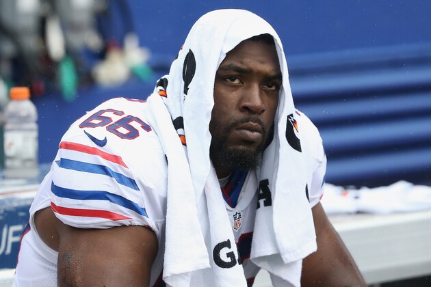 ORCHARD PARK, NY - SEPTEMBER 13: Seantrel Henderson #66 of the Buffalo Bills looks on from the bench during NFL game action against the Indianapolis Colts at Ralph Wilson Stadium on September 13, 2015 in Orchard Park, New York. (Photo by Tom Szczerbowski/Getty Images)
