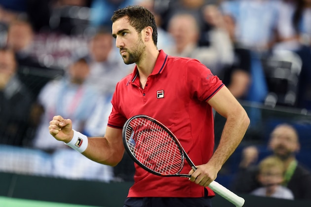 Croatia's Marin Cilic reacts after scoring against Argentina's Federico Delbonis during the Davis Cup World Group final singles match between Croatia and Argentina at the Arena hall in Zagreb, on November 25, 2016. / AFP / STRINGER        (Photo credit should read STRINGER/AFP/Getty Images)