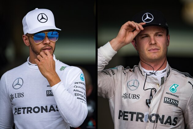 A combination of pictures shows Mercedes AMG Petronas F1 Team's British driver Lewis Hamilton (L) and his teammate German driver Nico Rosberg walking out of the garage after their first practice session as part of the Abu Dhabi Formula One Grand Prix at the Yas Marina circuit on November 25, 2016. / AFP / Andrej ISAKOVIC        (Photo credit should read ANDREJ ISAKOVIC/AFP/Getty Images)