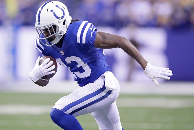 INDIANAPOLIS, IN - NOVEMBER 24:  T.Y. Hilton #13 of the Indianapolis Colts runs with the ball during the first quarter of the game against the Pittsburgh Steelers at Lucas Oil Stadium on November 24, 2016 in Indianapolis, Indiana.  (Photo by Andy Lyons/Getty Images)