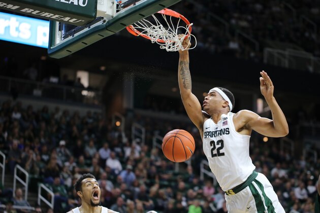 EAST LANSING, MI - NOVEMBER 18:  Miles Bridges #22 of the Michigan State Spartans dunks during the game against the Mississippi Valley State Delta Devils at the Breslin Center on November 18, 2016 in East Lansing, Michigan. (Photo by Rey Del Rio/Getty Images)