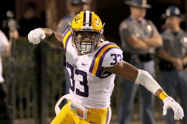 LSU safety Jamal Adams (33) reacts to a play during the first half of the NCAA college football game against Mississippi State in Starkville, MS on Sat., Sept 12, 2015, LSU won 21-19.  (AP Photo/Jim Lytle)