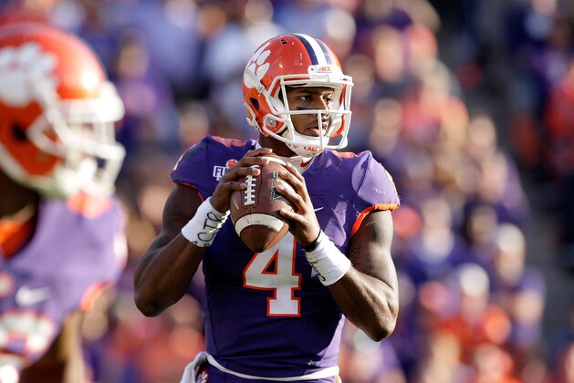 CLEMSON, SC - NOVEMBER 05: Deshaun Watson #4 of the Clemson Tigers looks to pass during the game against the Syracuse Orange at Memorial Stadium on November 5, 2016 in Clemson, South Carolina.  (Photo by Tyler Smith/Getty Images)