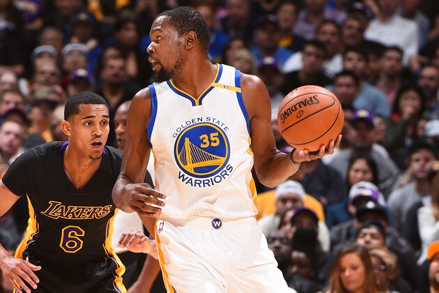 LOS ANGELES, CA - NOVEMBER 25: Kevin Durant #35 of the Golden State Warriors handles the ball against the Los Angeles Lakers on November 25, 2016 at STAPLES Center in Los Angeles, California. NOTE TO USER: User expressly acknowledges and agrees that, by downloading and/or using this Photograph, user is consenting to the terms and conditions of the Getty Images License Agreement. Mandatory Copyright Notice: Copyright 2016 NBAE (Photo by Andrew D. Bernstein/NBAE via Getty Images)